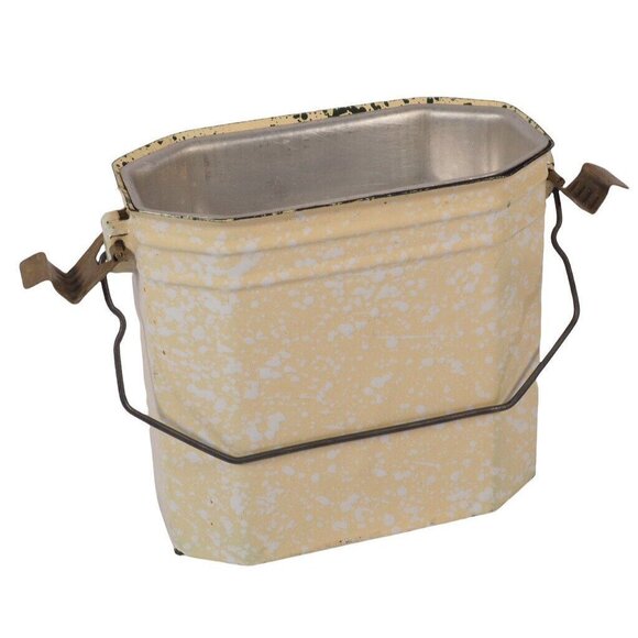 Antique French Lunchbox Granite Enamel Ware Yellow White Green Speckled 3 Pc Set - Picture 7 of 10